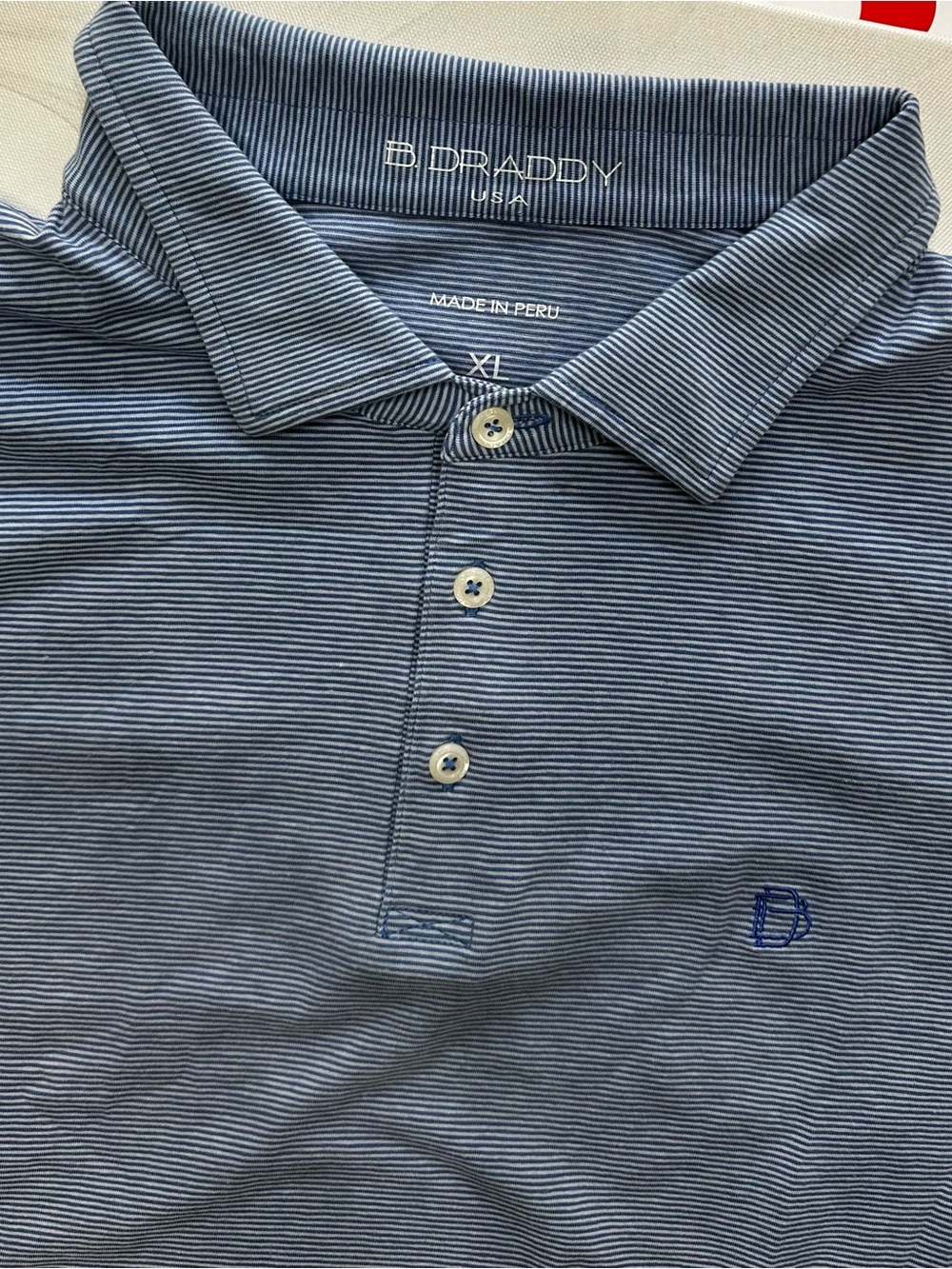B. Draddy Polo Shirt Mens XL Blue White Striped Stretch Cotton Preppy Golf Logo